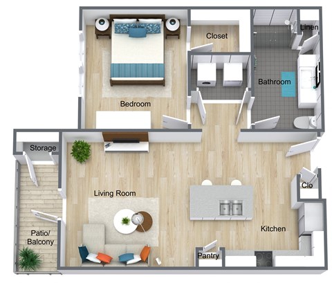 Floor plan for 1 bed, 1 bath, 667 sqft
